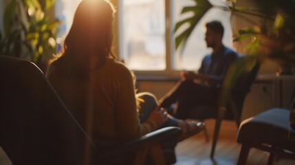 Wall Mural - A mental health counselor talking to a patient in a cozy office against a soft, warm background, macro shot