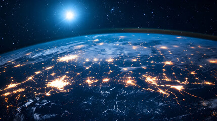 Wall Mural - earth at night with city lights and stars, planet, space, globe, world, universe