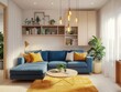 © ZIHAO - This living room features wooden floors and white walls as a backdrop, a blue sofa as a visual focal point, bookshelves and plants to add life, a rug and a yellow side table for warmth and comfort.
