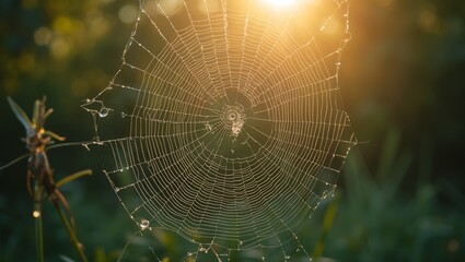Resilient spider web glistening in dew
