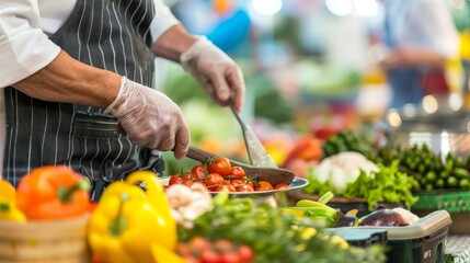 Aufkleber - A nutritionist conducting a healthy cooking demonstration with fresh ingredients in a bustling farmer's market against a vibrant, lively background, macro shot
