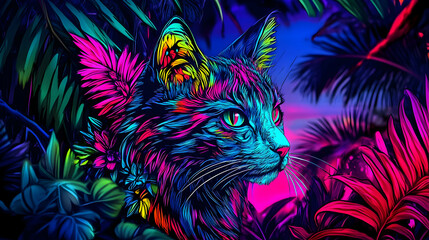 Neon Cat in Tropical Jungle, leaves, flowers, pink, blue, green