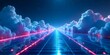 © Elie - A neon colored line extending across a digital landscape, with pixelated clouds and a grid floor to enhance the cyber theme create with ai