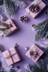 Wall Mural - Purple background with four pink boxes and a pine cone. The boxes are decorated with ribbons and the pine cone is on top of one of them