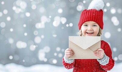 Wall Mural - Envelope Girl Christmas. Happy girl with an envelope. Surprise New Year Santa Gift Wish. copy space