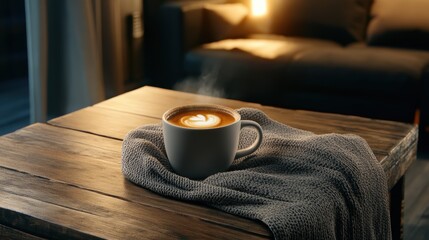 Coffee and blanket on cozy wooden table with soft lighting and natural materials