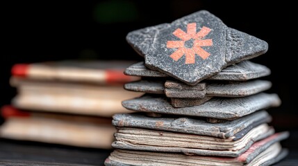 ancient buddhist texts stacked with symbol of dharmachakra religious knowledge and tradi