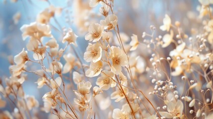 Poster - Field of flowers with a blue sky in the background. The flowers are white and the sky is clear