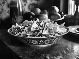 Wall Mural - bowl of nachos is on a table. the bowl is filled with tortilla chips and other toppings