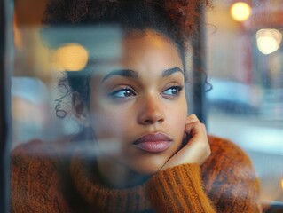 Poster - Woman with dark hair and a brown sweater is looking out the window. She is deep in thought