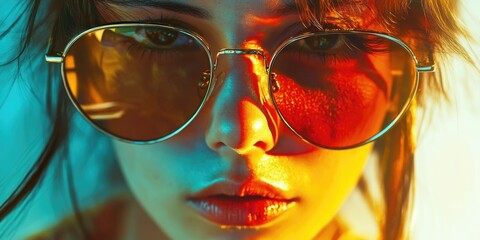 Canvas Print - Woman with sunglasses on her face. The sunglasses are gold and the woman's face is illuminated by a light