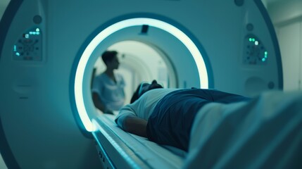 Fototapete - A patient undergoing a CT scan with the scanning machine and operator in the background, macro shot, Technological style