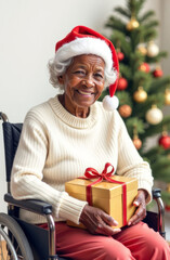 Wall Mural - Festive christmas cheer: elderly woman in santa hat holding gift by decorated tree