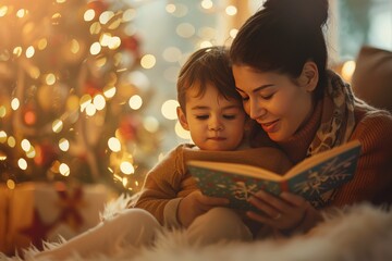 A mother and child read a book together near a Christmas tree, capturing a moment of warmth, family connection, and holiday festive spirit.