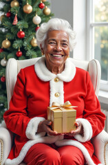 Joyful senior woman in santa costume holding gift in christmas setting