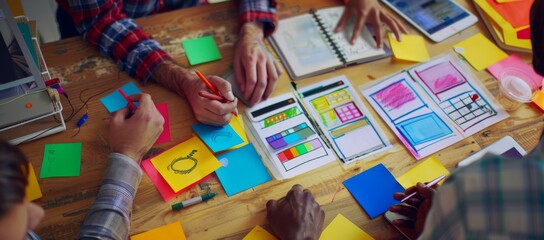 Young Asian business creative team work together, mobile application software design project. Brainstorm meeting, internet technology, smartphone web app designer, office coworker teamwork concept