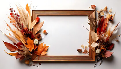 Wall Mural - dried autumn leaves flowers frame crisp white background generous empty space around