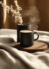 Warm cozy coffee setup on blanket wood decor soft light muted colors