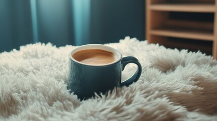 Warm inviting interior coffee cup on a fluffy blanket wooden details muted colors