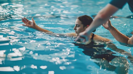 Poster - A physical therapist guiding a patient through aquatic therapy exercises in a therapeutic pool against a serene aquatic background, macro shot, Realistic style