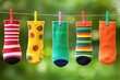 © WinThing - Colorful socks hanging on a clothesline against a green natural background.