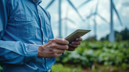 Reviewing wind energy output data for wind farms. Renewable energy consultant businessman analyzing wind turbine performance on a digital tablet; close-up on hands