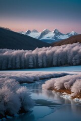 Wall Mural - Panoramic winter landscape with a frozen lake reflecting snow-capped mountains under a dramatic sky