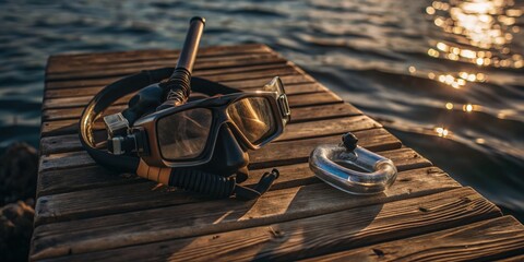 Snorkeling gear including a mask, snorkel, and fins on a wooden dock at sunset. Generative AI