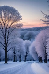 Wall Mural - Frozen winter landscape with snow-covered trees and a winding road through a snowy field