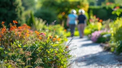 Poster - A serene healthcare garden with patients walking and relaxing among flowers against a natural green background, macro shot, Realistic style