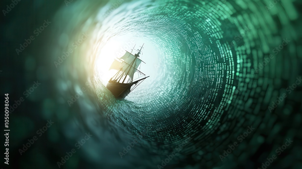 A virtual pirate ship sailing through a sea of digital code, glowing ...