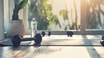 Aufkleber - A serene image of a yoga mat with a pair of dumbbells and a bottle of water, set in a home gym with soft, natural light streaming through the window