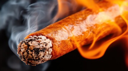 A close-up image of a cigar with smoke and vibrant flames surrounding it, capturing the essence of luxury, relaxation, and boldness in a dramatic setting.