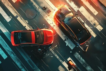 Aerial view of a car crash with two vehicles damaged on a busy street, conveying chaos and urgency.