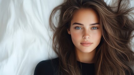 Beautiful 18-year-old French girl with long brown hair and blue eyes smiles in modern black attire while relaxing in her bedroom