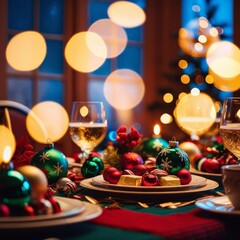 festive Christmas table setting features red and green ornaments, candles, and gold accents