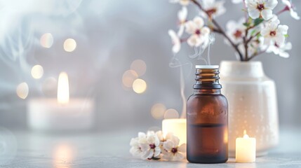 Aufkleber - A serene scene of a patient undergoing aromatherapy with essential oils in a peaceful spa room, set against a calming, neutral background