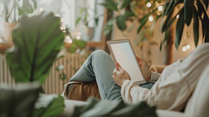 Aufkleber - A serene scene of a patient using a mental health app on a tablet, sitting in a calm and cozy therapy room, set against a soothing
