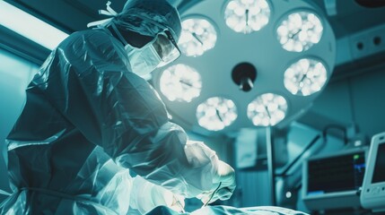 Poster - A surgeon in full surgical gear performing a delicate operation in a state-of-the-art operating room, with surgical lights overhead, macro shot