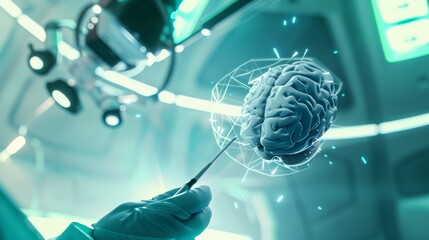 Poster - A surgeon performing a delicate brain surgery in a specialized neurosurgery operating room against a high-tech, futuristic background, macro shot
