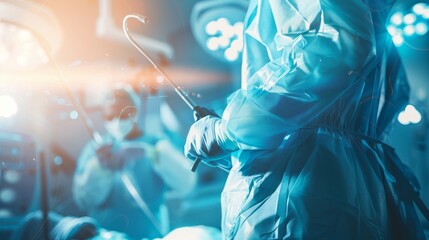 Leinwandbilder - A surgeon performing a laparoscopic surgery in a modern operating room against a high-tech, sterile background, close-up shot