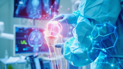 Poster - A surgeon performing a robotic-assisted knee replacement surgery in an advanced operating theater against a high-tech, futuristic background, macro shot