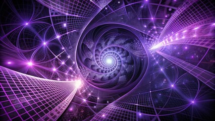 Wall Mural - a spiral galaxy in an abstract purple and black space with glowing stars and an infinite grid of lig