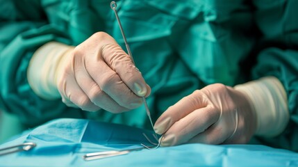 Poster - A surgeon's hands carefully performing a delicate suture on a patient in a sterile operating room, with surgical tools in the background, macro shot
