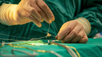 Poster - A surgeon's hands carefully performing a delicate suture on a patient in a sterile operating room, with surgical tools in the background, macro shot