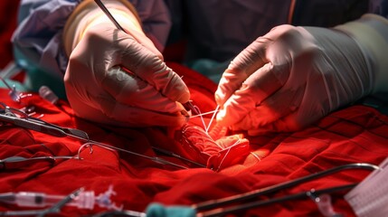 Poster - A surgeon's hands carefully performing a delicate suture on a patient in a sterile operating room, with surgical tools in the background, macro shot