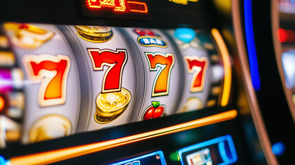 A vibrant slot machine showing triple sevens on the reels, evoking excitement and anticipation of a big win in a casino setting.