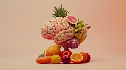 Poster - A surreal combination of a human brain and various fruits or vegetables against a soft, neutral background, macro shot