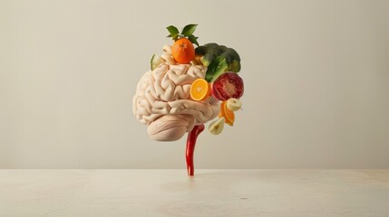 Poster - A surreal combination of a human brain and various fruits or vegetables against a soft, neutral background, macro shot