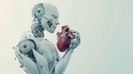 Poster - A surreal depiction of a medical robot holding a human heart, set against a soft, ethereal background